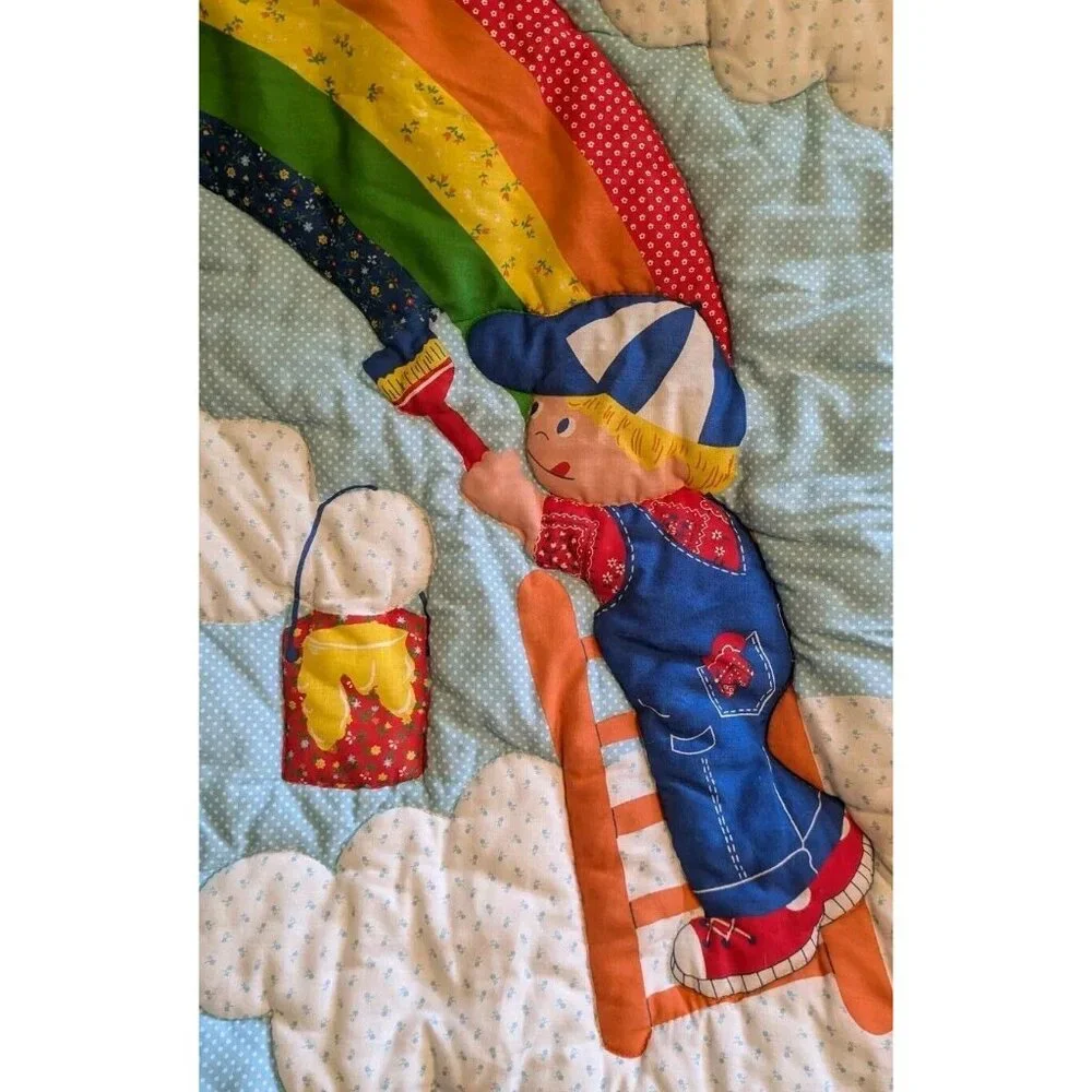 80s Wall Hanging Baby Quilt Rainbow Painter Artist Boy Primary Colors Decor Vtg